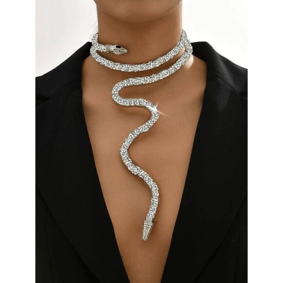 ✨💎🐍 Snake Rhinestone Bendable Design Blingy Statement Open Choker Necklace NEW - Picture 1 of 16
